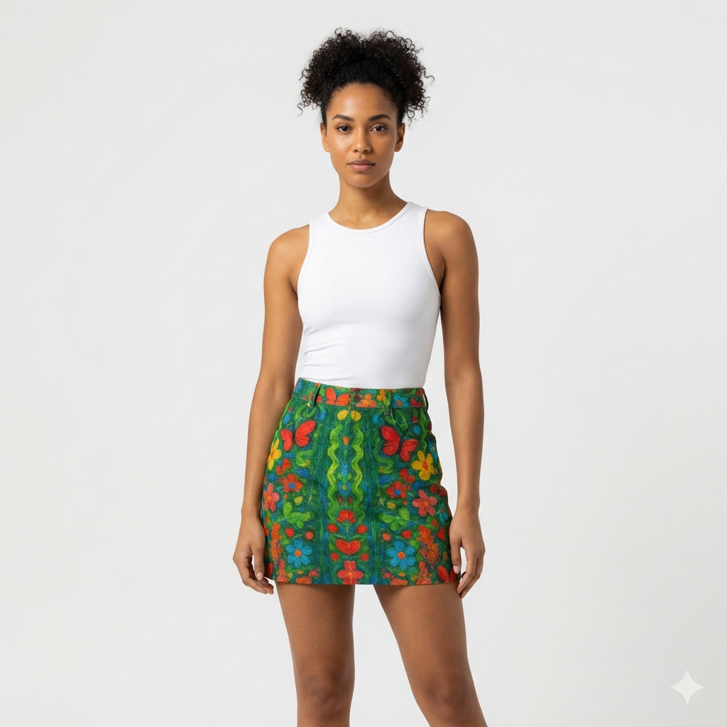 Denim Mini Skirt Butterfly Flowers