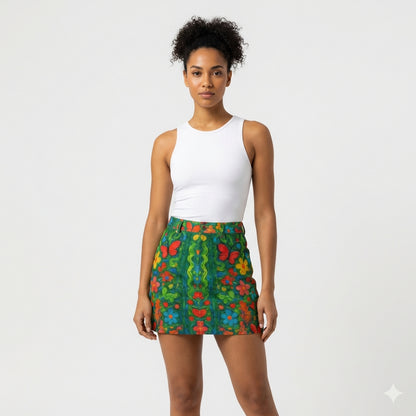 Denim Mini Skirt Butterfly Flowers