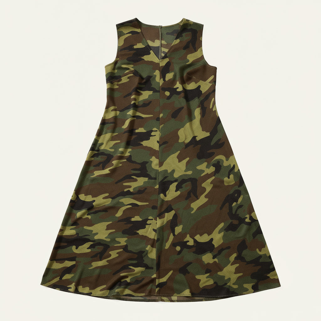 V-Neck A-Line Dress in Camouflage Print