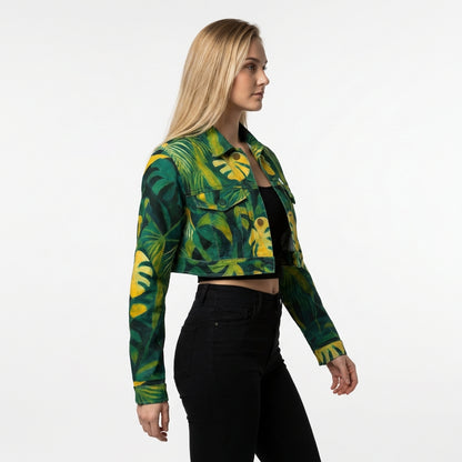Cropped Jean Cotton Jacket Green Leaves