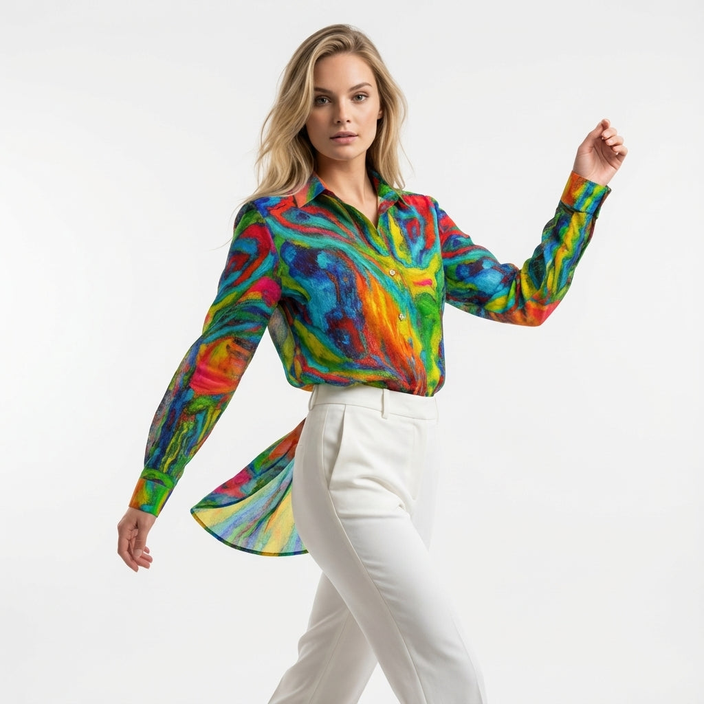 Women's Button Front Shirt in Organic Cotton Voile Green Jungle