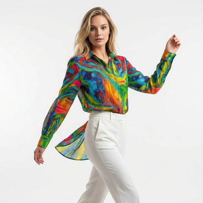 Women's Button Front Shirt in Organic Cotton Voile Green Jungle