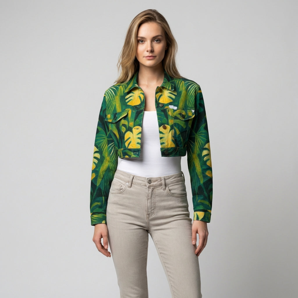 Cropped Jean Cotton Jacket Green Leaves
