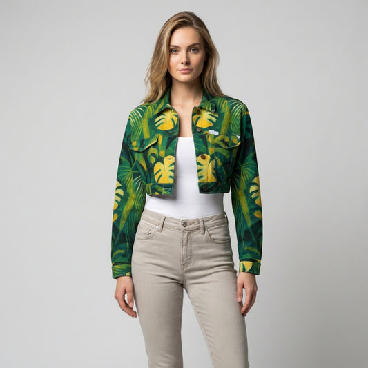 Cropped Jean Cotton Jacket Green Leaves