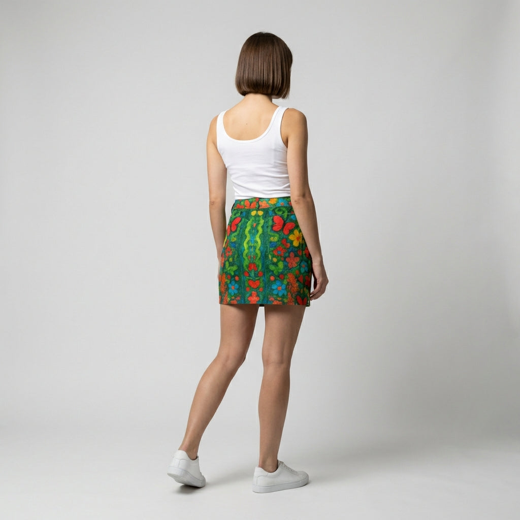 Denim Mini Skirt Butterfly Flowers