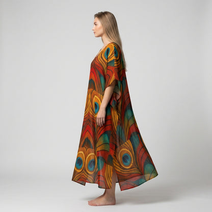 Caftan Yellow Peacock Feather in Lightweight Organic Cotton Voile