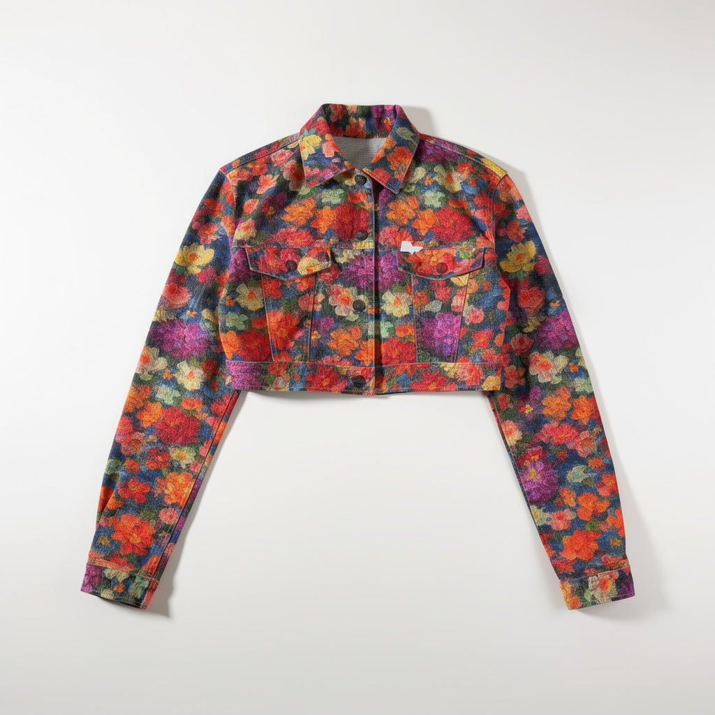 Cropped Jean Cotton Jacket Red Flower Bed