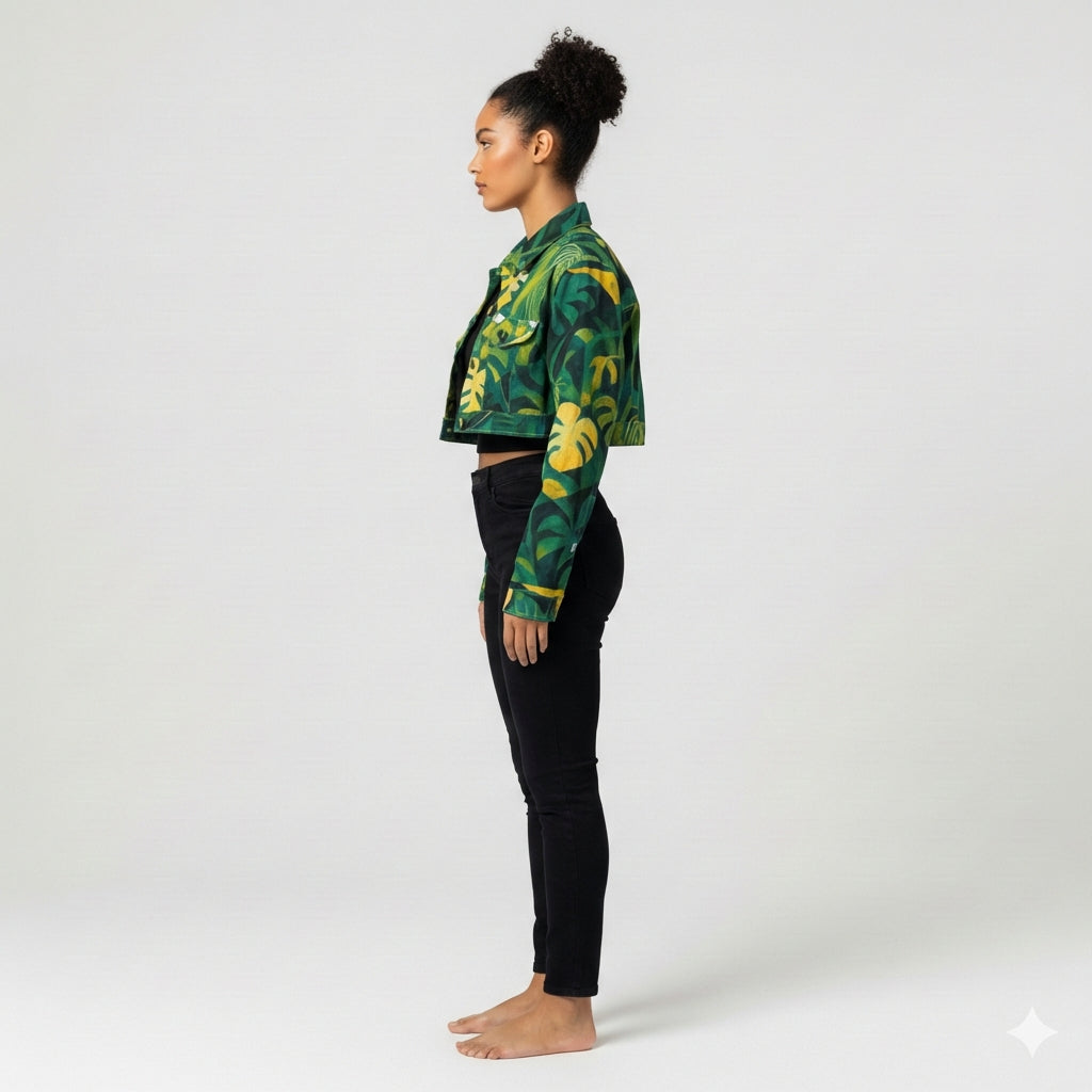 Cropped Jean Cotton Jacket Green Leaves