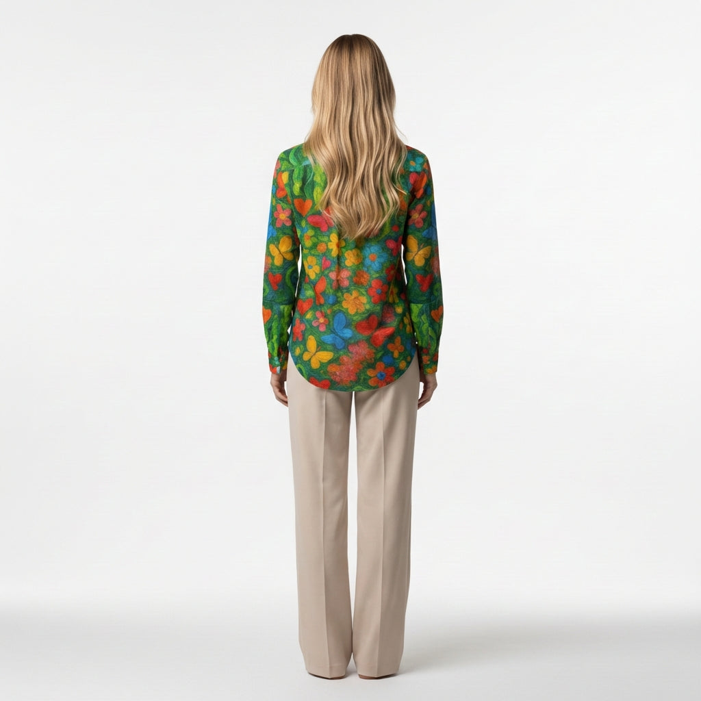 Button Front Shirt Butterfly Flowers