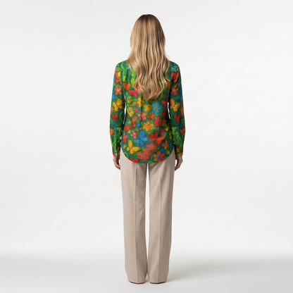 Button Front Shirt Butterfly Flowers