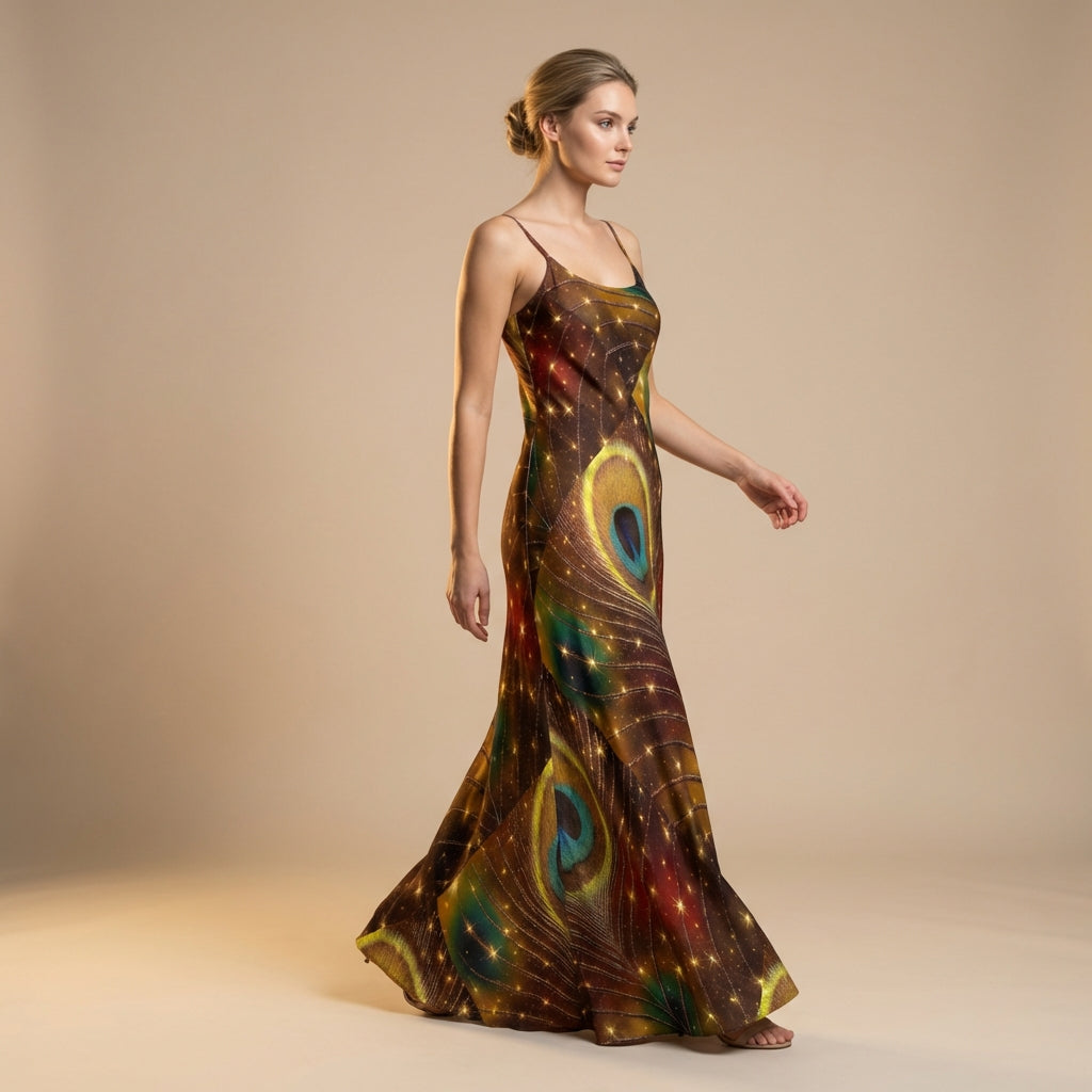 Bias Slip Dress Golden Peacock Feather