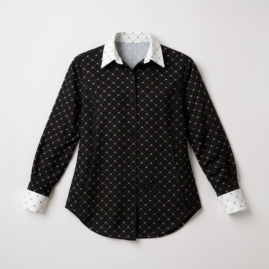 Crown and Lines Silver on Black Button Front Shirt