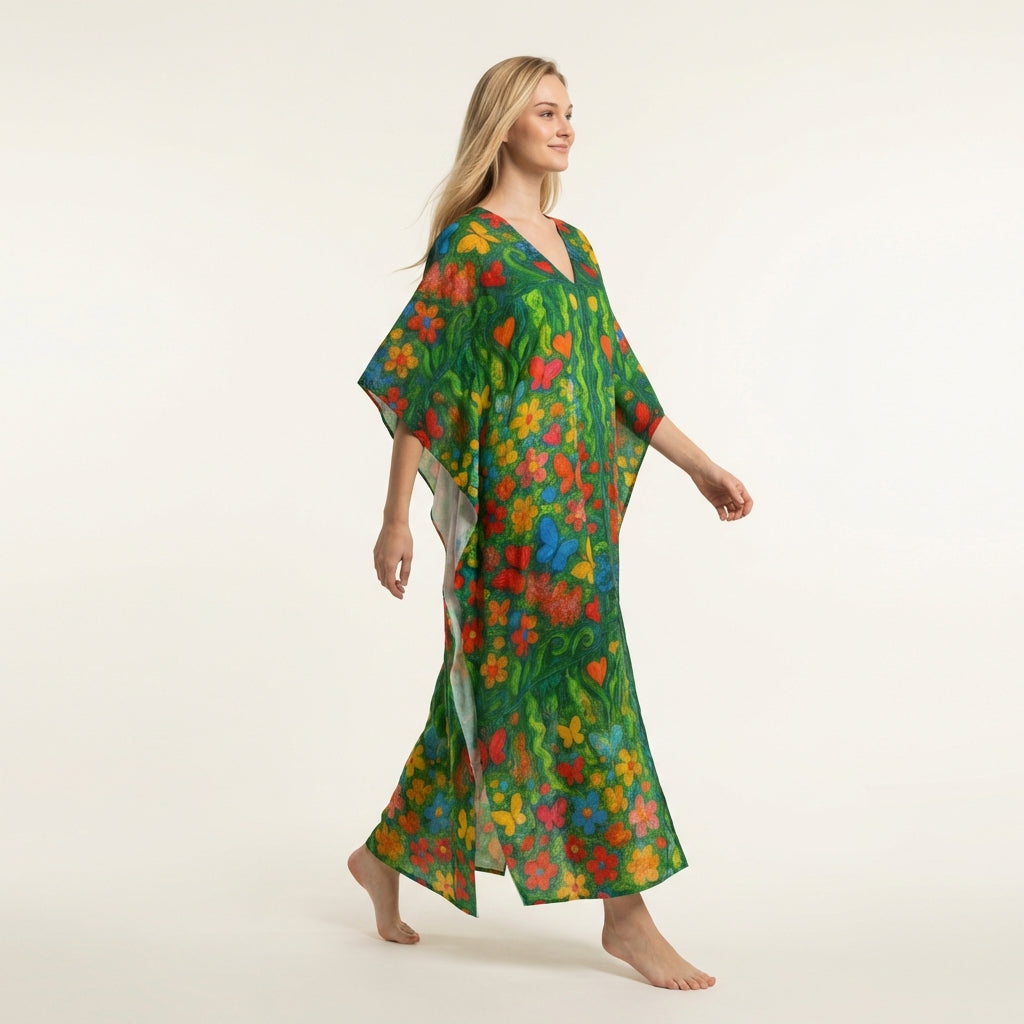 Caftan Butterfly Flowers in Lightweight Organic Cotton Voile