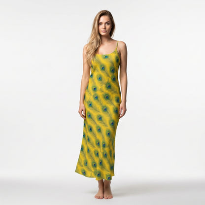 Bias Slip Dress Yellow Peacock Feathers