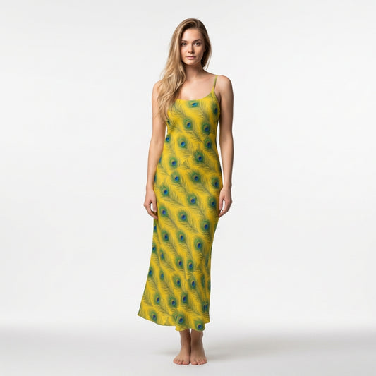 Bias Slip Dress Yellow Peacock Feathers