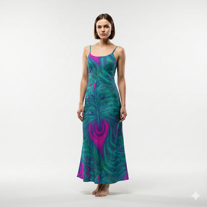 Bias Slip Dress Teal Peacock Feather