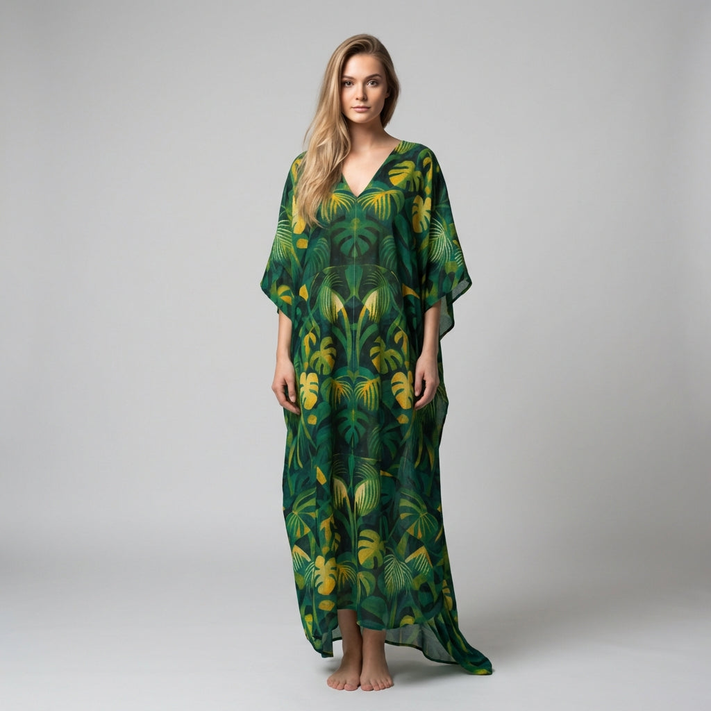 Caftan Green Leaves – Lightweight Organic Cotton Voile