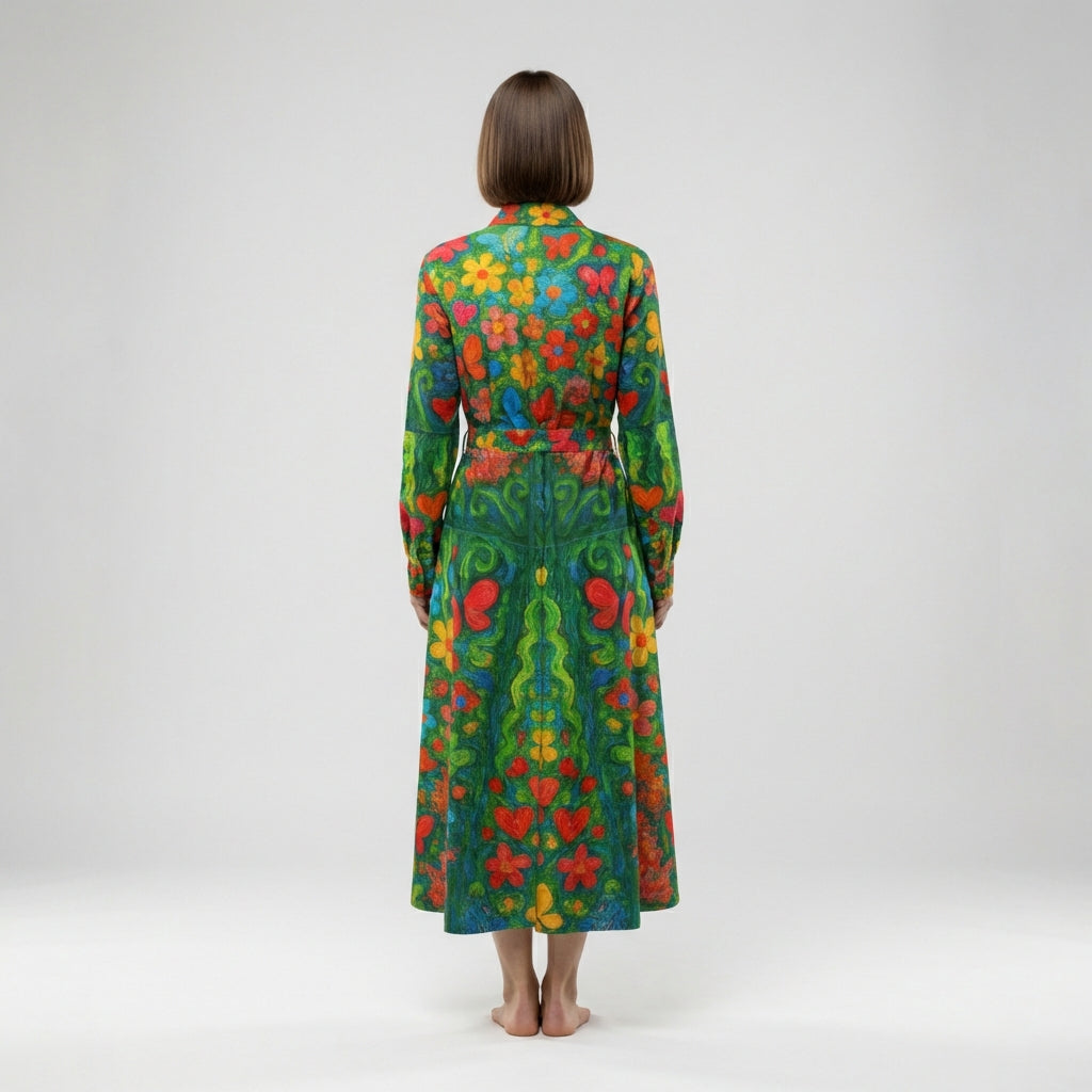 Button Front Shirt Dress Butterfly Flowers