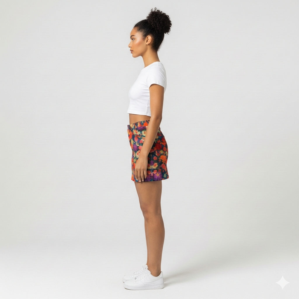 Cropped Denim Mini Skirt Red Flower Bed