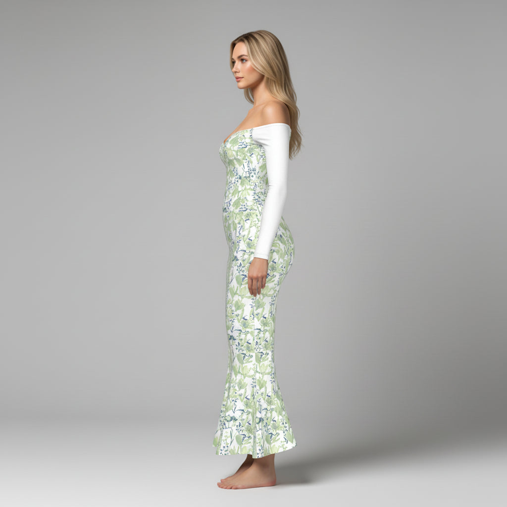 Spring Off-Shoulder Jersey Dress with Side Contour Panels