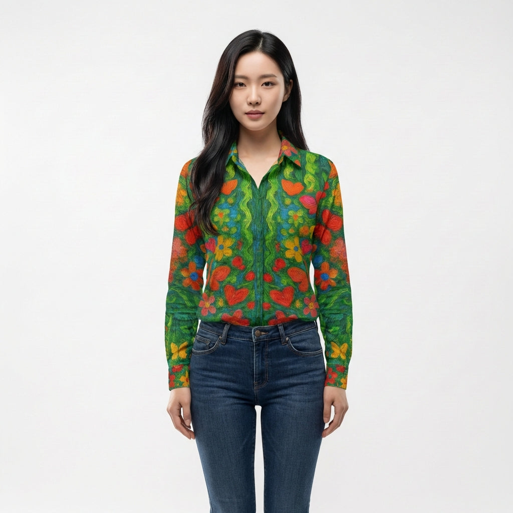 Button Front Shirt Butterfly Flowers