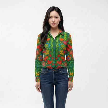 Button Front Shirt Butterfly Flowers