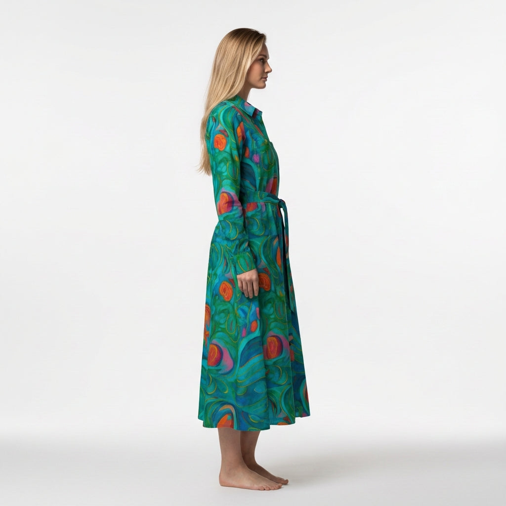 Button Front Shirt Dress Floral Swamp in Lightweight Cotton Poplin