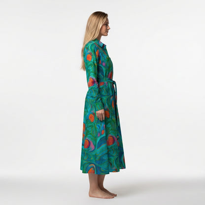 Button Front Shirt Dress Floral Swamp in Lightweight Cotton Poplin