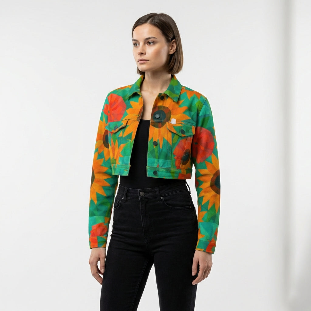 Cropped Jean Cotton Jacket Sunflowers