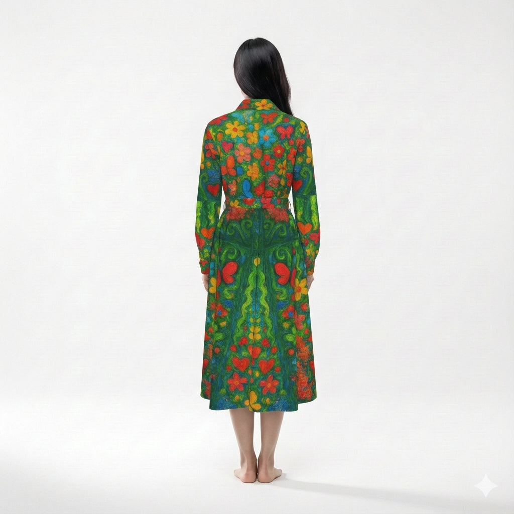 Button Front Shirt Dress Butterfly Flowers