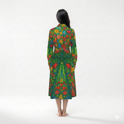 Button Front Shirt Dress Butterfly Flowers