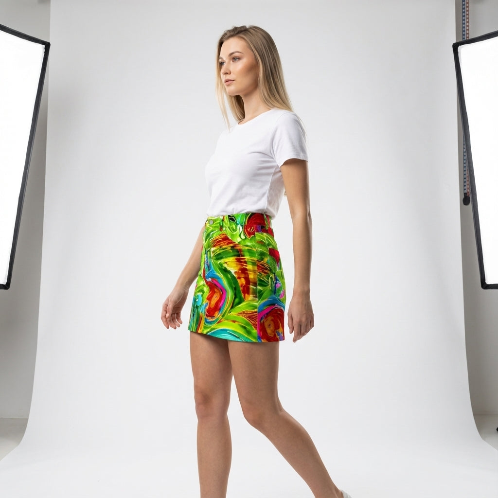 Denim Mini Skirt in Abstract Watercolor Print