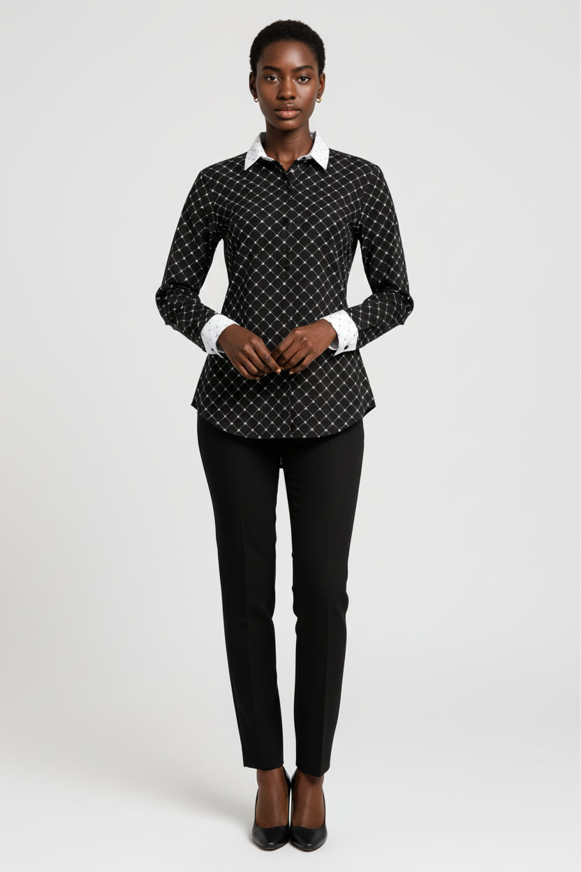 Crown and Lines Silver on Black Button Front Shirt