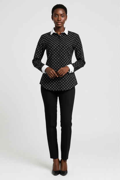 Crown and Lines Silver on Black Button Front Shirt