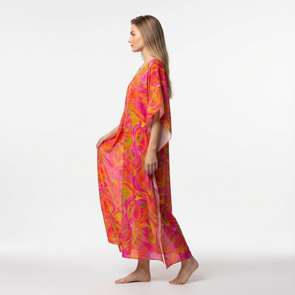 Caftan in Pink Noodles Lightweight Organic Cotton Voile 