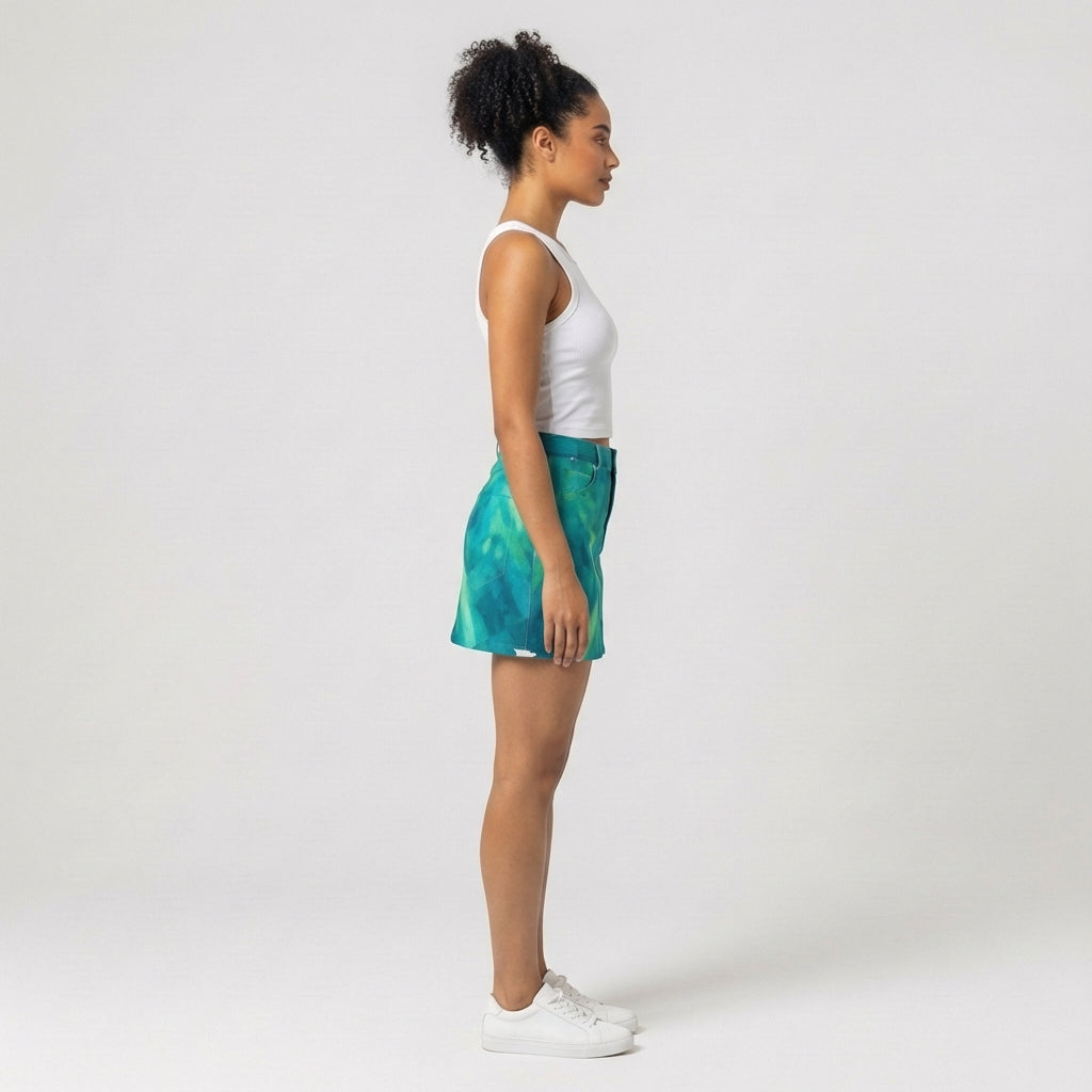 Denim Mini Skirt Turquoise Watercolors