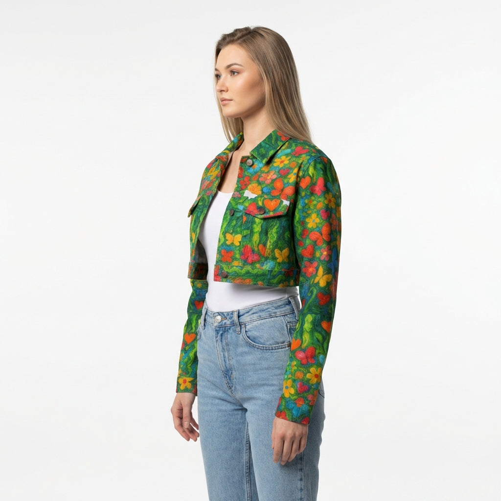 Cropped Jean Cotton Jacket Butterfly Flowers