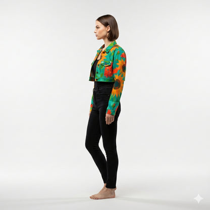 Cropped Jean Cotton Jacket Sunflowers