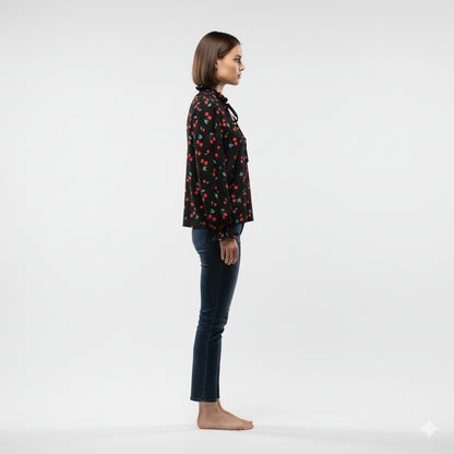 Women's Cherry Print Tied Neck Blouse