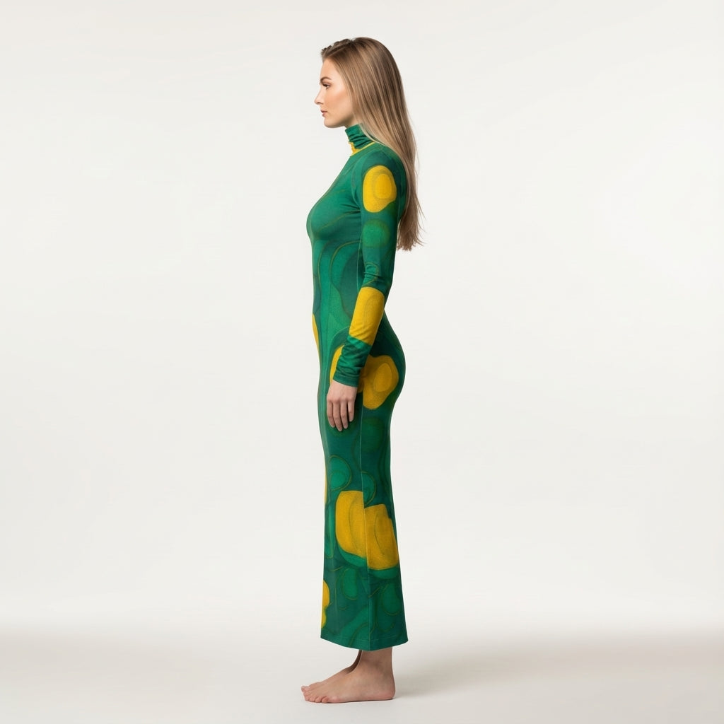  Sarong Maxi Turtleneck Body Con Dress Yellow Flowers