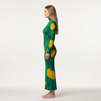  Sarong Maxi Turtleneck Body Con Dress Yellow Flowers