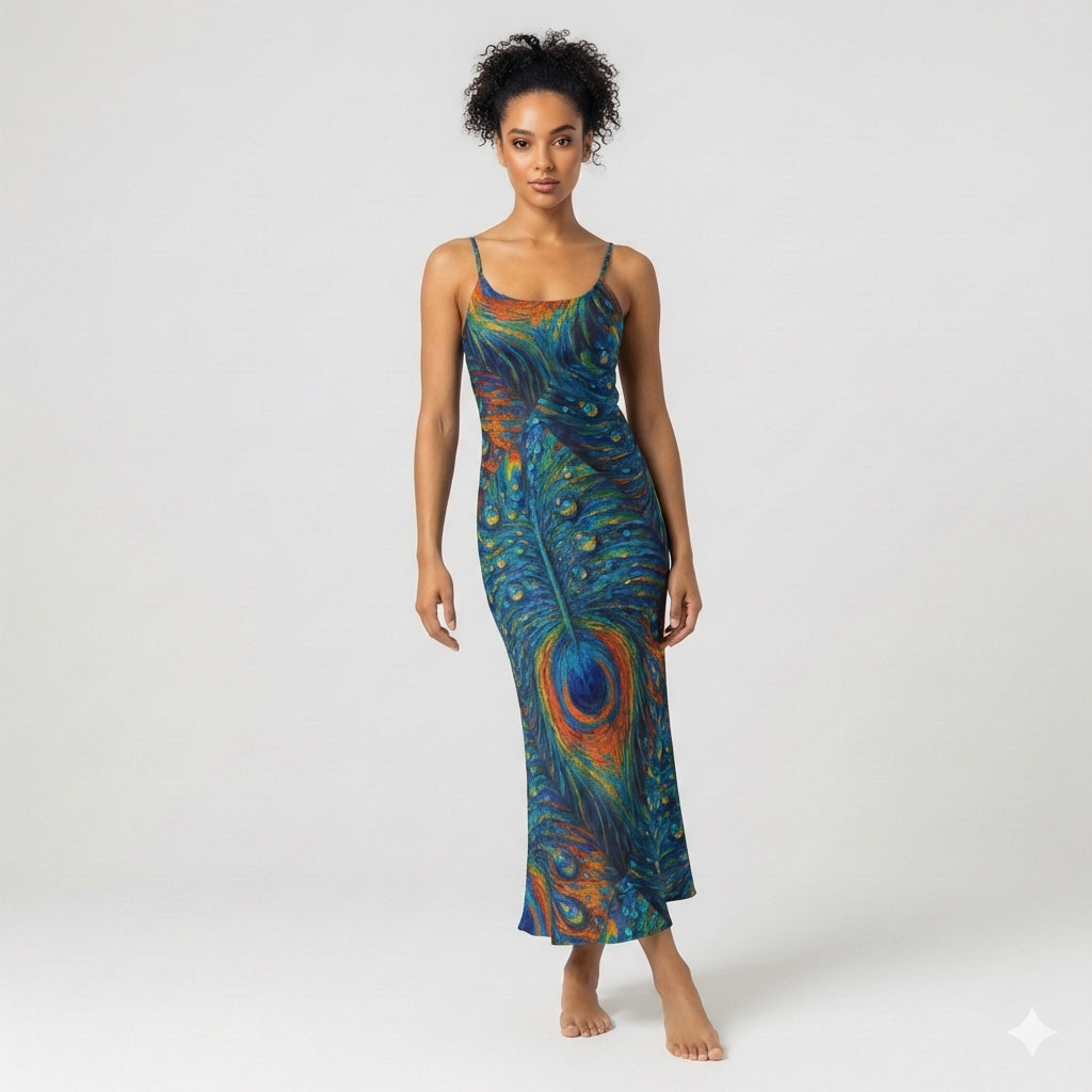 Bias Slip Dress Orange Peacock Feather