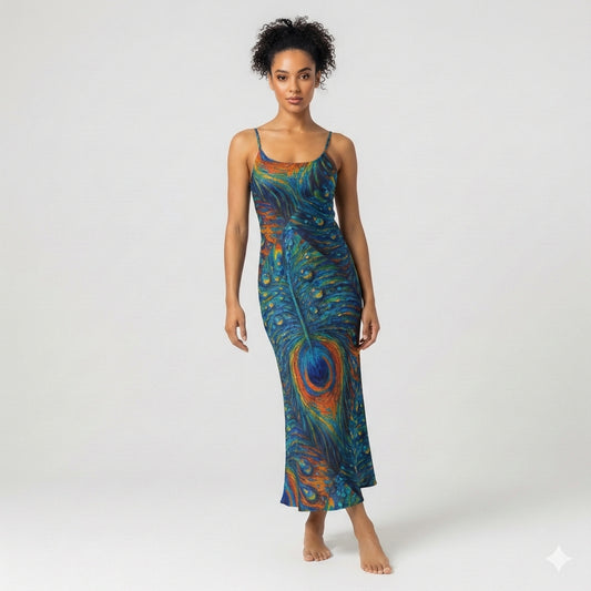 Bias Slip Dress Orange Peacock Feather