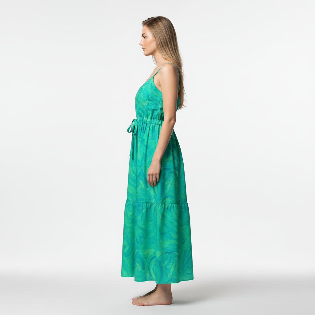 Maxi Dress with Waist Tie in Lightweight Cotton Poplin Teal Noodles