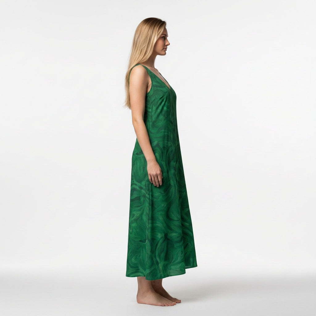 V-Neck A-Line Dress Dark Green Noddles