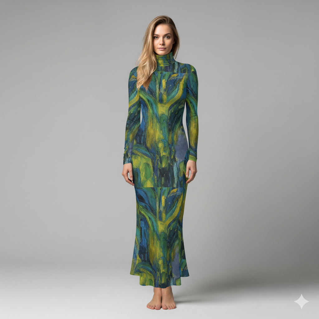 Sarong Maxi Turtleneck Body Con Dress Blue Jungle 