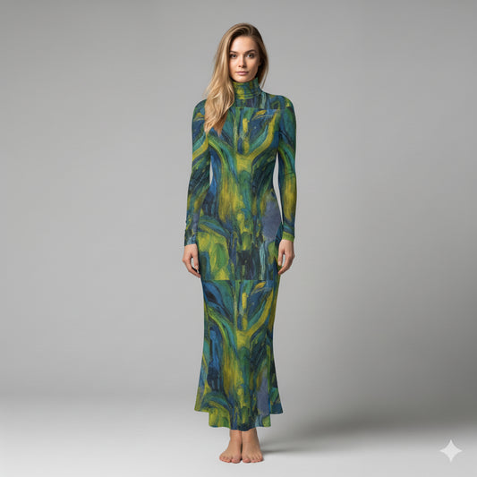 Sarong Maxi Turtleneck Body Con Dress Blue Jungle 