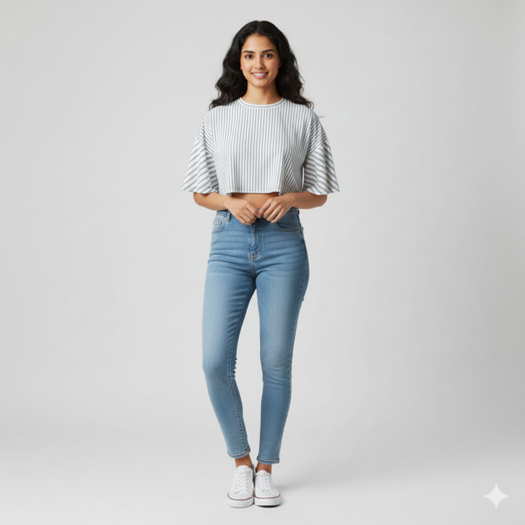 Striped Crop T-shirt in Cotton-Spandex Jersey