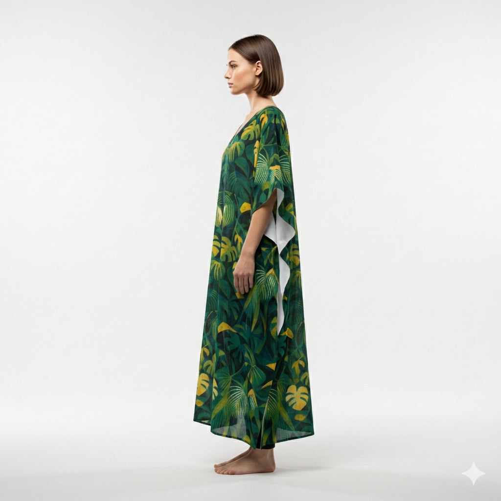 Caftan Green Leaves – Lightweight Organic Cotton Voile