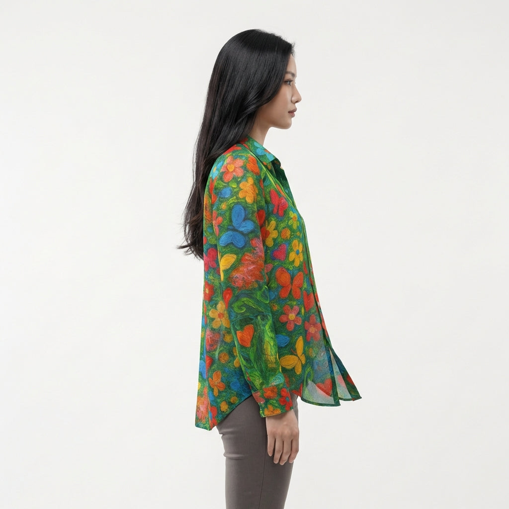 Button Front Shirt Butterfly Flowers